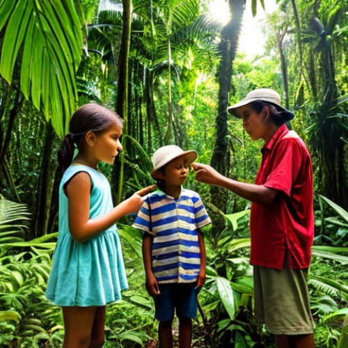 Home 11 **
"A group of children in colorful, modest clothing learning about medicinal plants in a lush Amazon rainforest. An elder is pointing to a plant, explaining its properties. Sunlight filters through the canopy. Perfect anatomy, correct proportions, well-formed hands, proper finger count, natural body proportions, fully clothed, safe for work, appropriate content, family-friendly, professional photography, high quality."
**