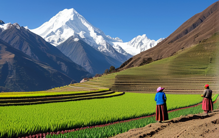 **
"A vibrant agricultural landscape in the Andean mountains. Indigenous farmers in traditional, modest clothing are harvesting crops on meticulously constructed terraces ("andenes"). In the background, snow-capped peaks rise majestically. Focus on the sustainable farming practices and the rich biodiversity. Bright, natural lighting. Safe for work, appropriate content, fully clothed, professional photography, perfect anatomy, natural proportions, family-friendly."
**