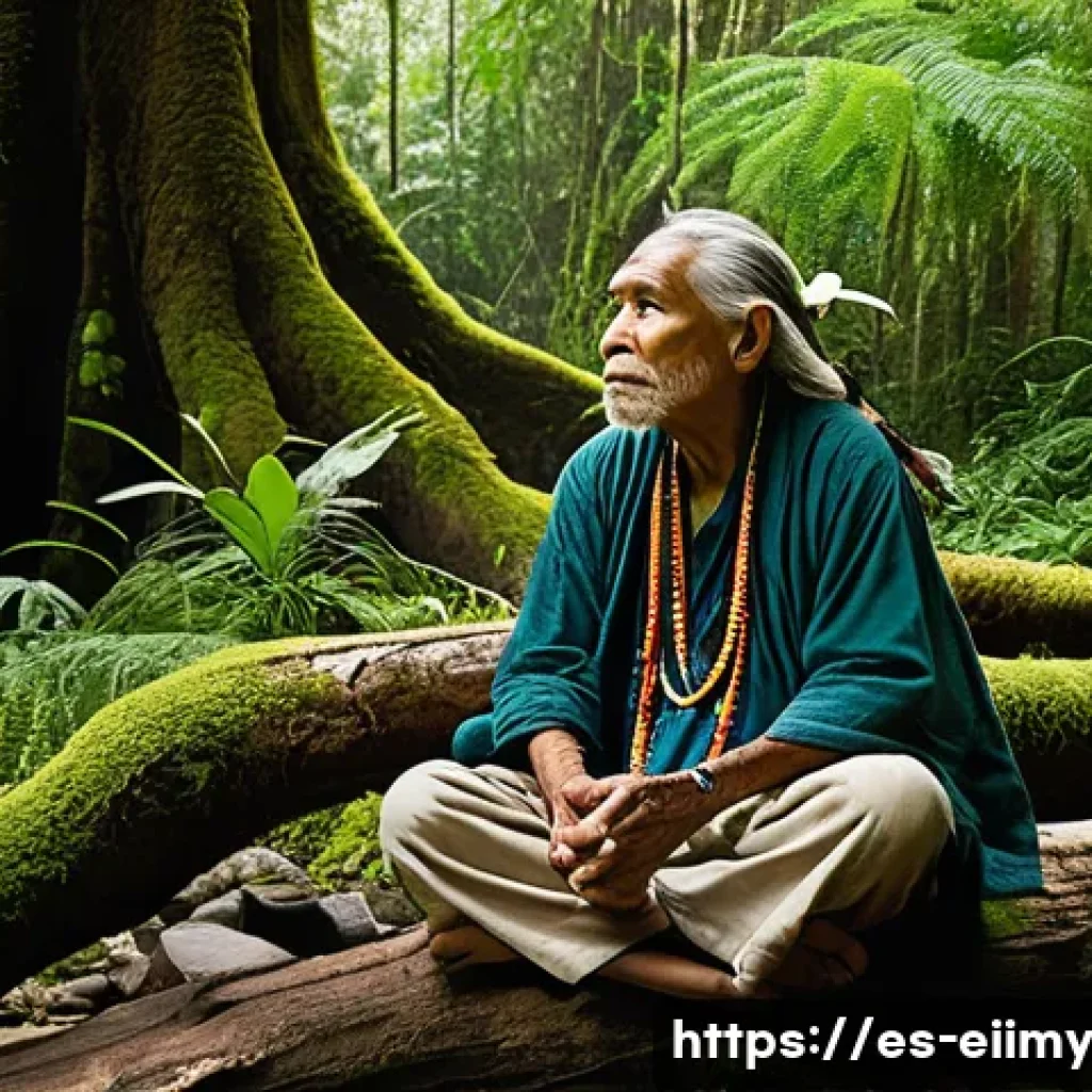 원주민 생태지혜와 생태적 상상력 - **Prompt:** A wise, elderly indigenous shaman, with a serene and deeply knowing expression, is seate...