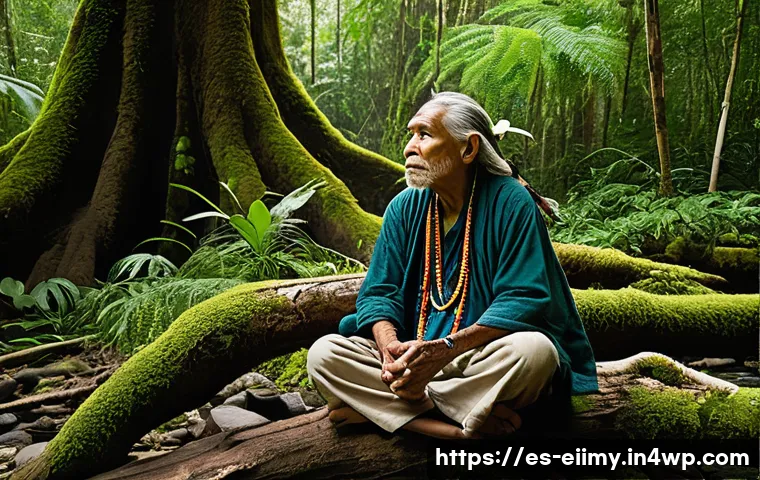 원주민 생태지혜와 생태적 상상력 - **Prompt:** A wise, elderly indigenous shaman, with a serene and deeply knowing expression, is seate...