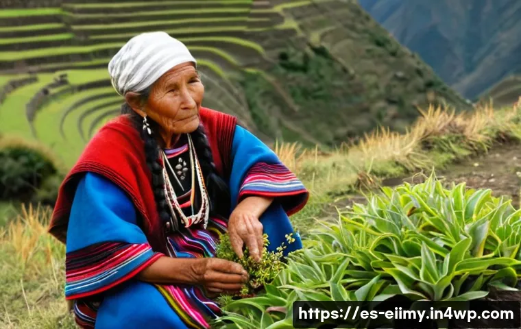 원주민 생태지혜를 통한 자연 보호 - **Prompt:** A wise Indigenous elder, a woman with kind eyes and intricate traditional Andean attire,...