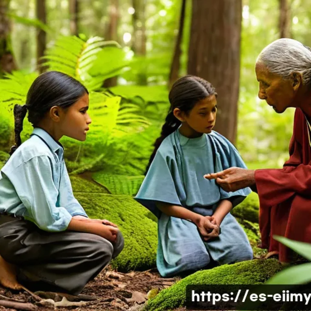 원주민 생태지혜의 교육적 가치 - **Intergenerational Wisdom in the Forest**
    A serene, realistic image featuring an Indigenous eld...