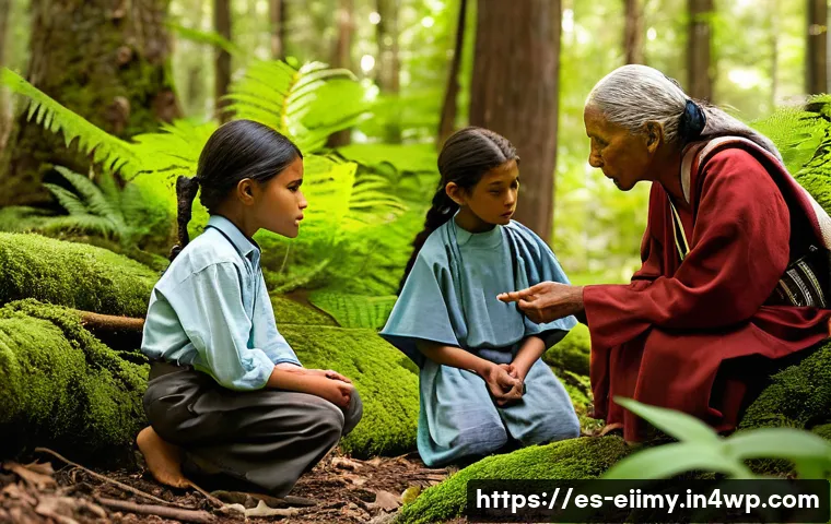 원주민 생태지혜의 교육적 가치 - **Intergenerational Wisdom in the Forest**
    A serene, realistic image featuring an Indigenous eld...