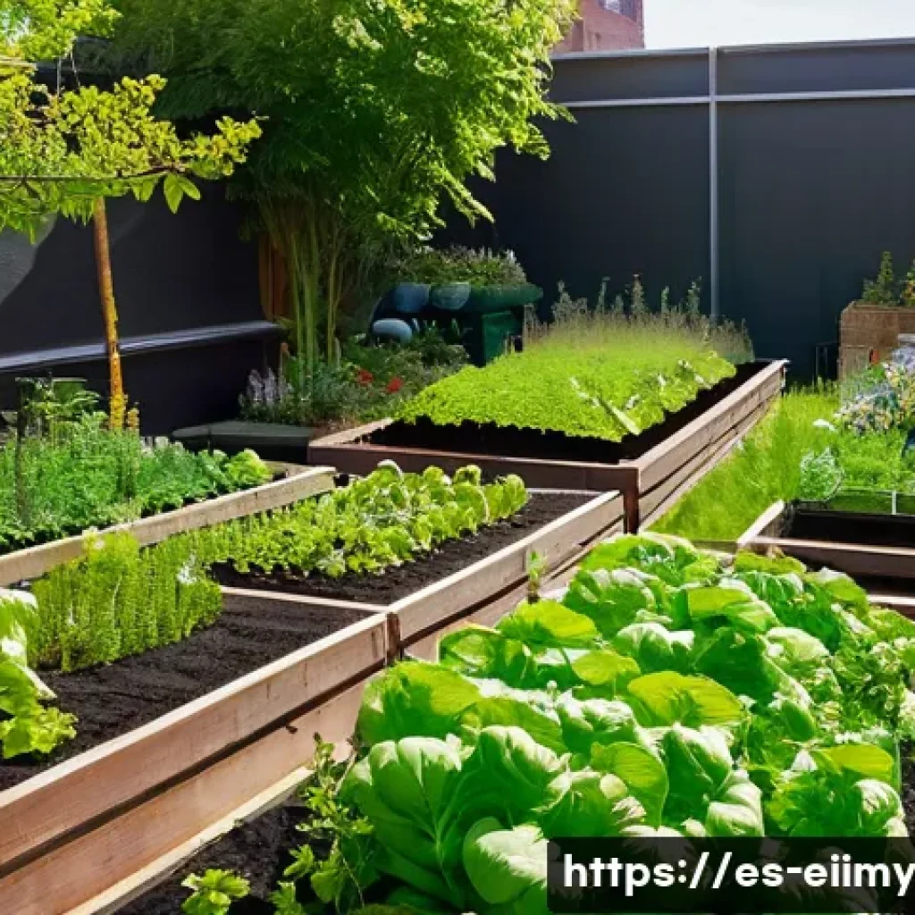 원주민 생태지혜의 선진국 적용 사례 - **Urban Permaculture Oasis:** A vibrant, flourishing urban permaculture garden on a sunny day. The s...