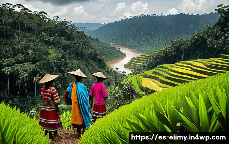 원주민 생태지혜와 공공 정책 - A vibrant scene showing an indigenous community in the Amazon rainforest engaged in sustainable land...