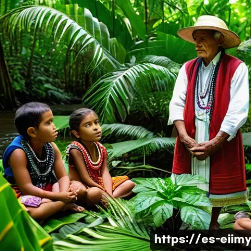 Home 31 원주민의 생태지혜와 기후 변화 대응 - A vibrant Amazonian indigenous elder teaching young community members about medicinal plants, surrou...