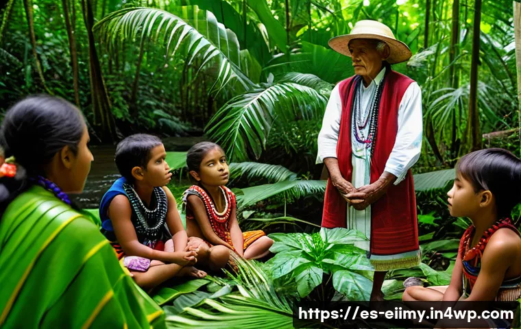 원주민의 생태지혜와 기후 변화 대응 - A vibrant Amazonian indigenous elder teaching young community members about medicinal plants, surrou...