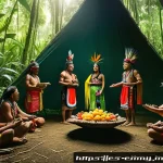 Home 23 원주민 생태지혜와 자원 관리 - A vibrant Amazonian indigenous community ritual scene showing men and women in traditional colorful ...