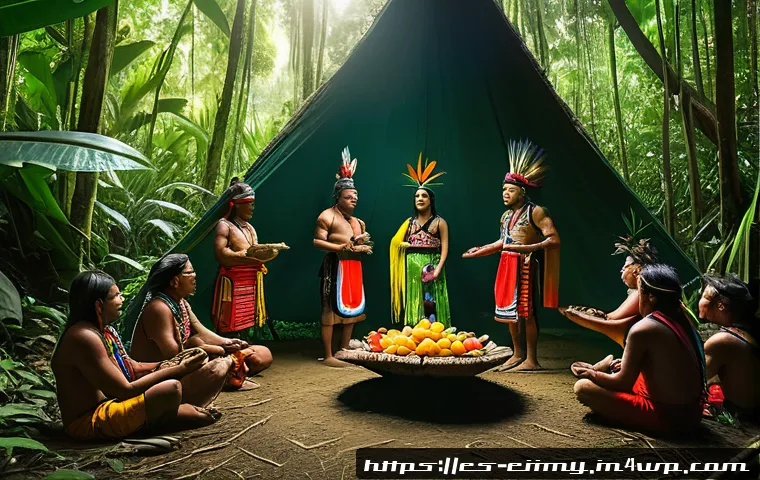 원주민 생태지혜와 자원 관리 - A vibrant Amazonian indigenous community ritual scene showing men and women in traditional colorful ...