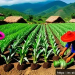 Home 19 원주민 생태지혜의 상생 원칙 - A vibrant indigenous farming scene in a rural Mexican village during the planting season, showing co...