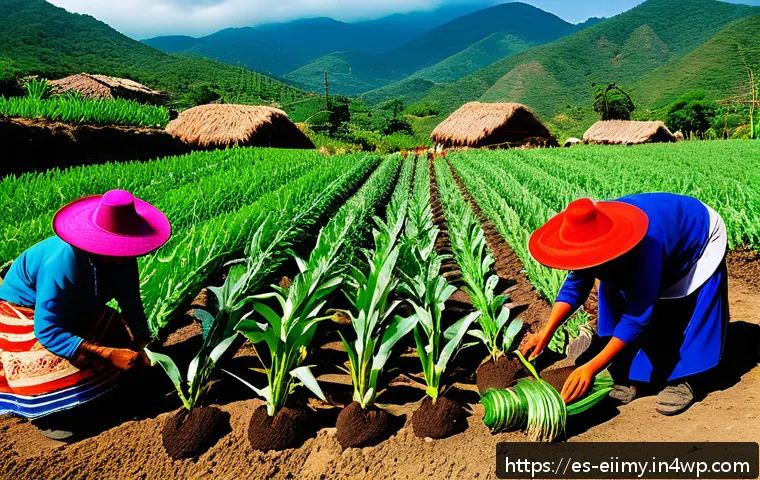 원주민 생태지혜의 상생 원칙 - A vibrant indigenous farming scene in a rural Mexican village during the planting season, showing co...
