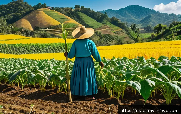 원주민 생태지혜의 복원력 - A vibrant Mesoamerican milpa field under bright daylight, showcasing traditional polyculture farming...